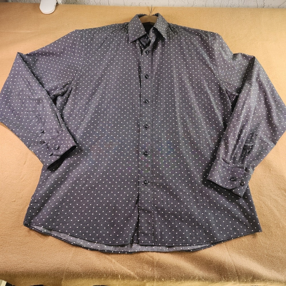 Platino C Black With White Pokadot Men's Dress Shirt 16.5 34/35 Cotton